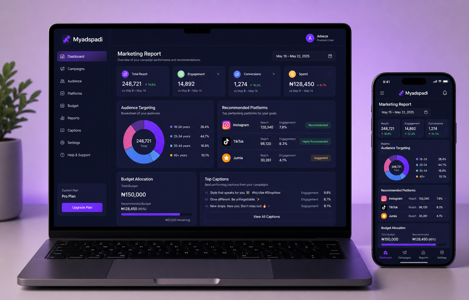 Myadspadi dashboard on laptop and phone